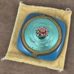 Vintage Art Deco Blue Bakelite Powder Compact with a Green Guilloche Enamel Rose
